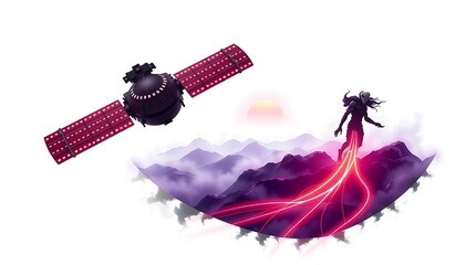 "Satellite orbiting with glowing neon panels, futuristic graphic, isolated on white background, PNG cutout, high-detail, sleek sci-fi design"
