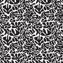 Black and white flower leaf repeating pattern on white background, 