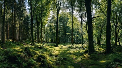 Obraz premium Dense Forest Sunlight Filtering Through Trees