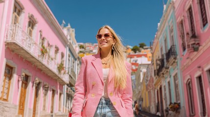 Stylish Blonde Woman in Pink Blazer Smiling on a Vibrant Pastel City Street Under Bright Sun