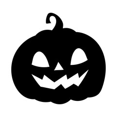 Black icon Halloween pumpkin with scary face on white background. For decorations, cards, backgrounds, banners and more.