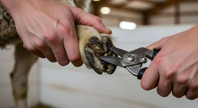 Close-up of hands trimming a sheep's hoof with metal shears.