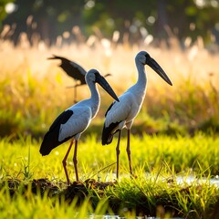 Two birds standing in tall grass