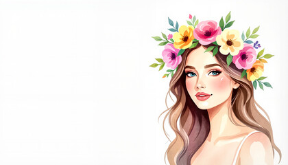 Naklejka premium Young woman with floral crown smiling in vibrant illustration style 