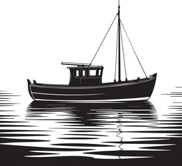 A solitary fishing boat drifts serenely on the calm water creating a striking black silhouette.