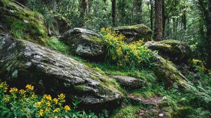Lush Forest Floor with Moss-Covered Boulders and Vibrant Yellow Wildflowers