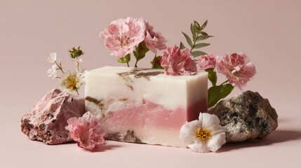 Serene Spa Soap: Pink Floral & Stone Still Life