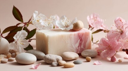 Harmonious Spa Still Life: Marbled Soap, Pink & White Cherry Blossoms, Smooth Pebbles