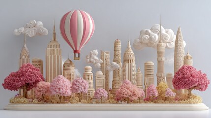 Whimsical Miniature Cityscape with Pink Hot Air Balloon and Cherry Blossoms
