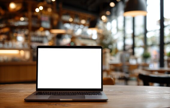 Laptop with a Blank White Screen on a Wooden Table in a Cafe
