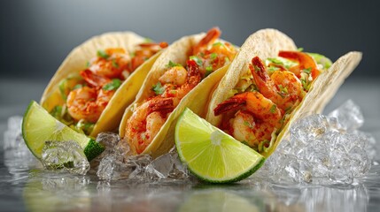 Shrimp Tacos Trio with Lime Wedges on Crushed Ice, Culinary Still Life