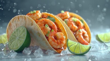 Delicious Shrimp Tacos with Lime and Ice, Appetizing Food Photography