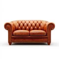 Fototapeta premium Elegant Brown Leather Chesterfield Sofa Two Seater Vintage Style Furniture Design