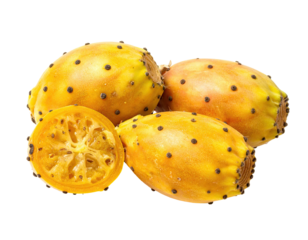 Close-up of several prickly pear fruits, some sliced open to reveal a juicy interior, displaying vibrant yellow-orange skin and dark specks