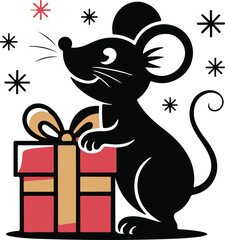 Christmas mouse with gift silhouette vector