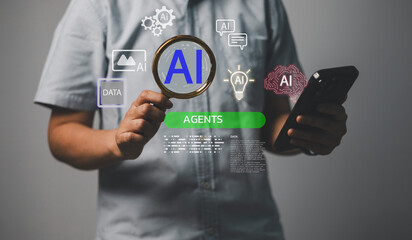 Businessman analyzing AI technology with magnifying glass, smartphone, and data icons, illustrating artificial intelligence, big data, research, and digital transformation machine learning concepts