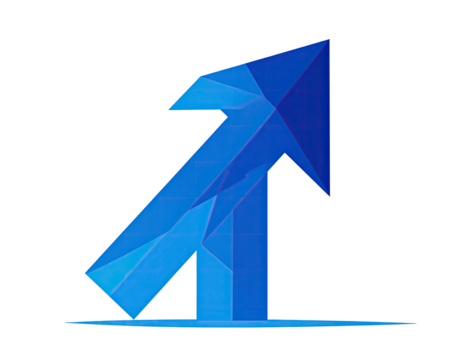 Blue, upward-pointing, polygonal arrow icon, rendered in a 3D style, seemingly floating above a dark surface - Powered by Adobe