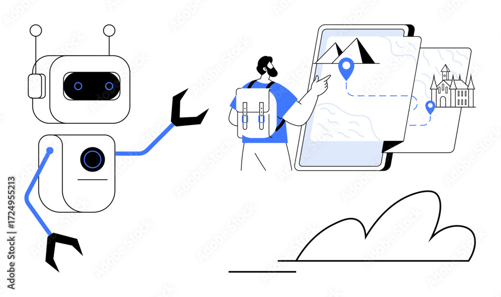 Aufkleber robot assists a traveler pointing at a digital map displaying landmarks and routes. ideal for travel