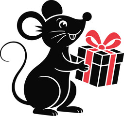 Christmas mouse with gift silhouette vector