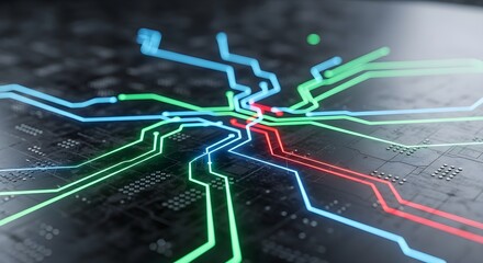 Cinematic abstract digital network with vibrant glowing neon circuit lines on a dark futuristic technological surface, symbolizing data flow and global connectivity