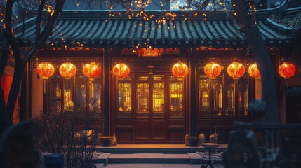Obraz premium Enchanting chinese courtyard illuminated with glowing lanterns embodying cultural charm and