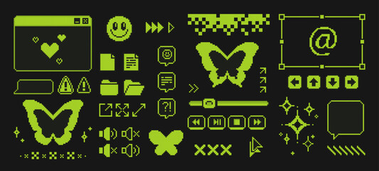 Pixel game interface with y2k aesthetic - browser window, butterfly icons, smiling face and media controls on black background. Neon green elements of navigation buttons for retro computer design.
