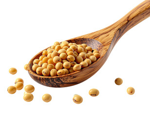 Soybeans in a wooden spoon, scattered seeds