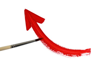 Red paintbrush stroke forming an upward curving arrow