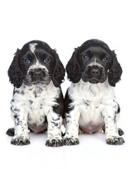 Two black and white puppies sitting close together