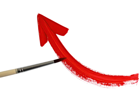 Red paintbrush stroke forming an upward curving arrow
