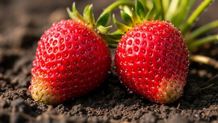 Close-up of glistening organic strawberries in soil, perfect for healthy food and eco-farming promotional content.