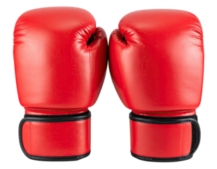 Two bright red boxing gloves, leather-like material, black wrist straps