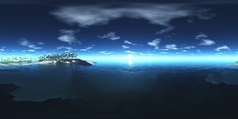 HDRI High resolution map, environment map, Round panorama, spherical panorama, equidistant projection, sea sunset, panoramic, 3D rendering. Sunset over a tropical island 