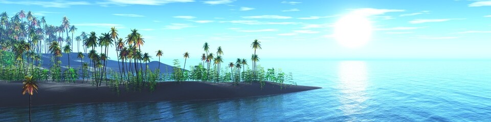 Beautiful beach with palm trees at sunset, panorama of a tropical landscape, sea sunset,
3d rendering