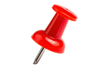 A bright red pushpin, glossy and round-headed, with a metal pin, is set against a solid black background