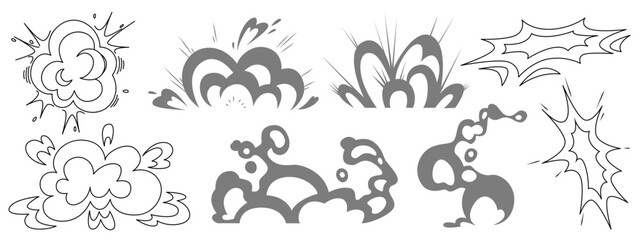 Manga explosive effect collection with burst clouds, smoke puffs and impact lines. Dynamic action elements for comic panels, fight scenes or dramatic moments in Japanese style illustrations.