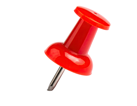 A bright red pushpin, glossy and round-headed, with a metal pin, is set against a solid black background