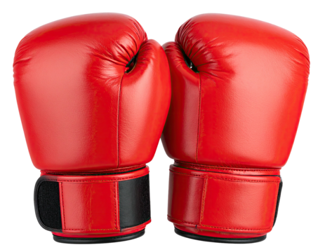 Pair of bright red boxing gloves, leather-like material, black wrist wraps, isolated on white background