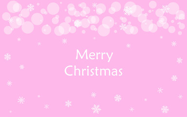 Merry Christmas text and soft white bokeh with snowflakes, pink template for Christmas and New Year greetings.