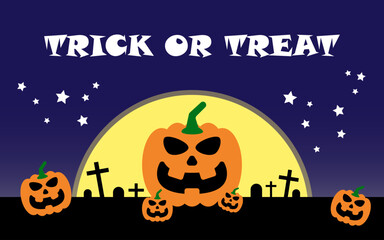 Halloween pumpkins and graves on night background, Trick or treat Halloween greeting card.