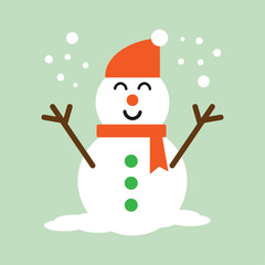 Cute smiling Christmas snowman with raised arms in flat design.