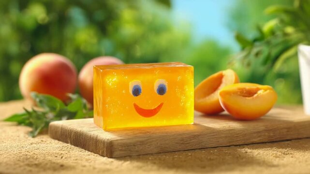 Happy Orange Jelly with Fresh Peaches Outdoors, Summer Dessert Delight.