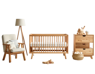 Light-colored wooden nursery furniture set.  A crib, chair, lamp, and dresser