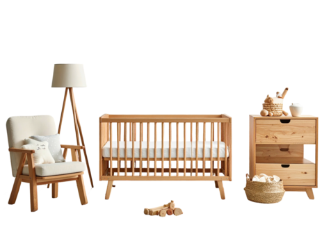 Light-colored wooden nursery furniture set.  A crib, chair, lamp, and dresser