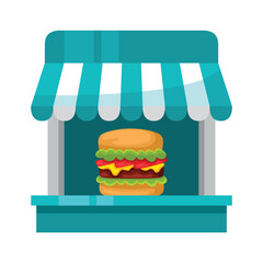 Stylized illustration of a burger stand with a large burger