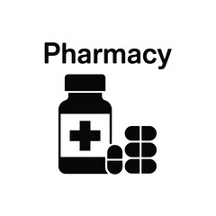 Pharmacy symbol with bottle and pills icon