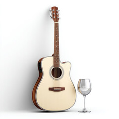 Fototapeta premium Acoustic guitar and wine glass on white background for relaxed musical evening theme
