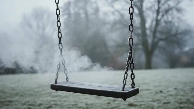 Empty swing set in the fog on a cold winter morning