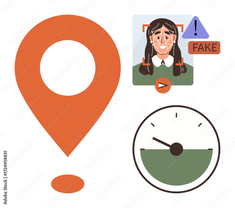 Fototapete facial recognition scan highlights false detection with warning icon. overlay includes geotag marker