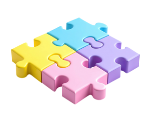 Four pastel-colored puzzle pieces, forming a square. Interlocking shapes, 3D rendering